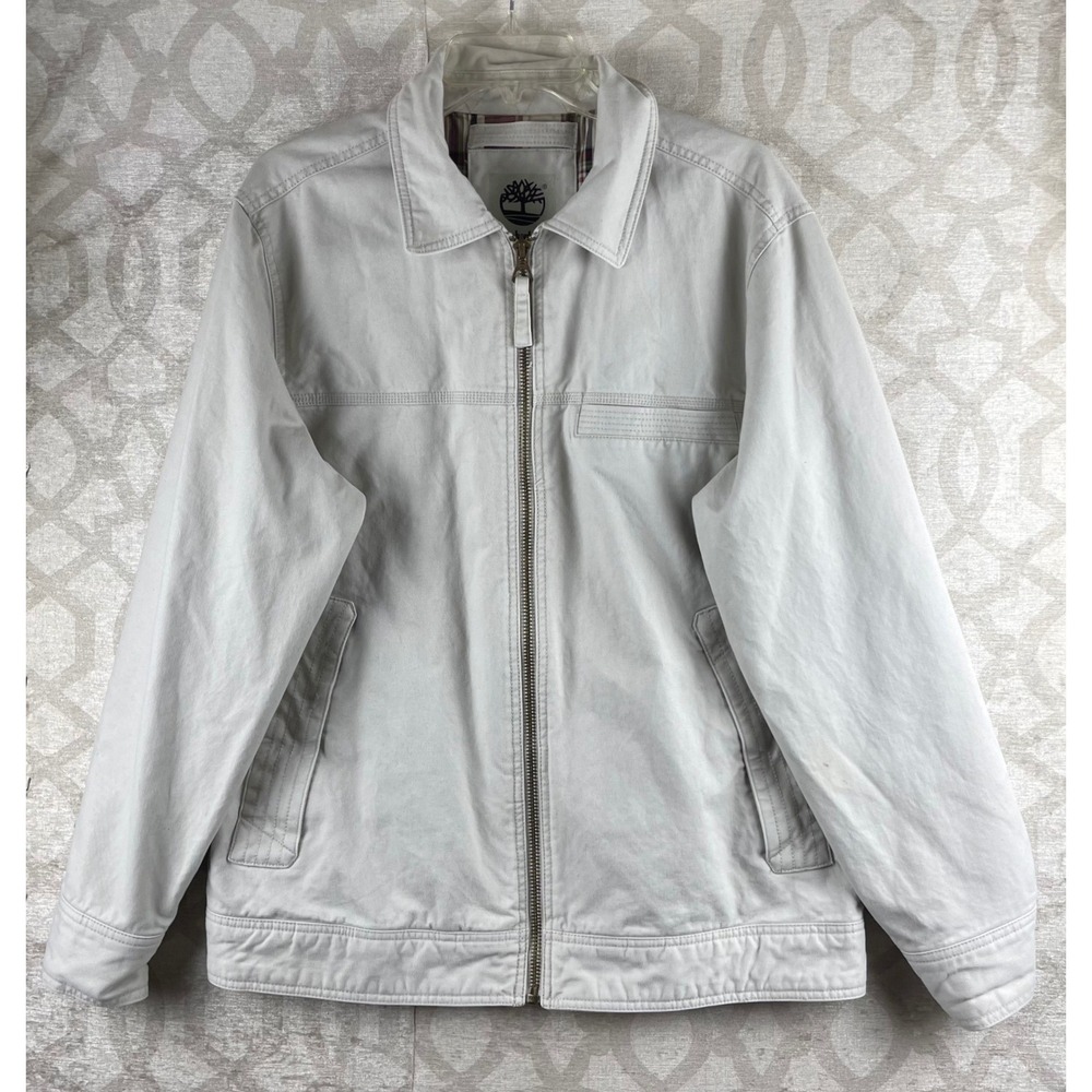 Timberland Jacket Mens Medium Beige Full Zip Plaid Lined Cotton Twill